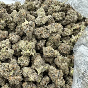 Cookie Monster Greenleaf flower macro showing densely frosted buds with heavy trichome crystals and orange pistils visible across the bulk pile