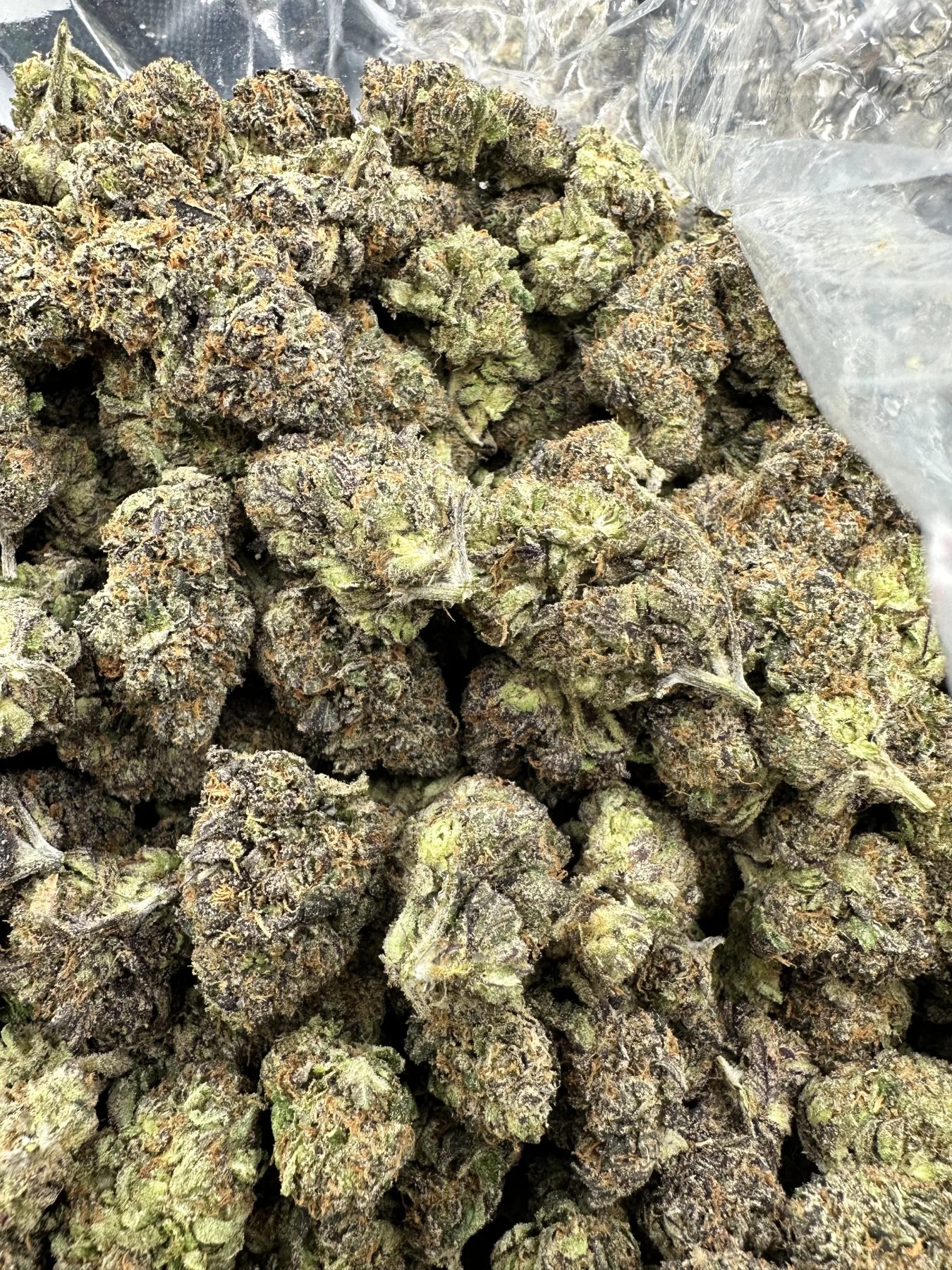 Double Limoncello flower buds with dense golden trichome frost and orange pistils in Greenleaf packaging